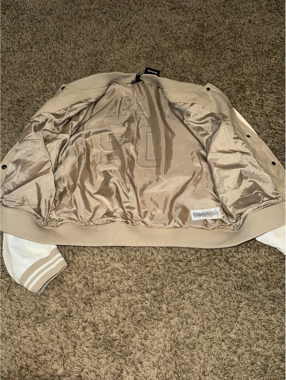 True Religion True Varsity Jacket XL Tan Beige White Snap Button Logo NEW $239